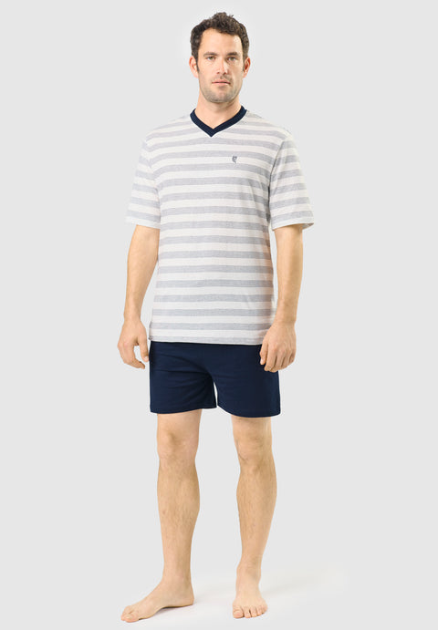 Pijama Hombre Verano Corto Pico Algodón Punto Rayas - Azul 3037_39 - 80867830 - https://www.elbuhonocturno.com/
