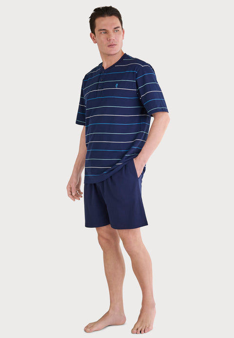 Pijama Hombre Verano Corto Tapeta Algodón Punto Rayas - Azul 3040_39 - 35167699 - https://www.elbuhonocturno.com/