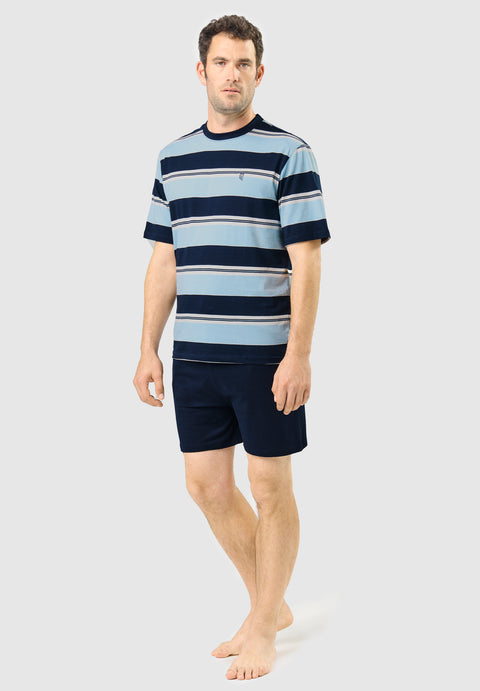 Pijama Hombre Verano Corto Tapeta Algodón Cuello Redondo Punto Rayas - Azul 3082_39 - 86591830 - https://www.elbuhonocturno.com/