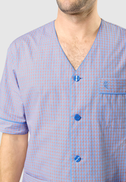 Pijama Hombre Verano Corto Judo Algodón Popelín Cuadros - Azul 4538_30 - 23625253 - https://www.elbuhonocturno.com/