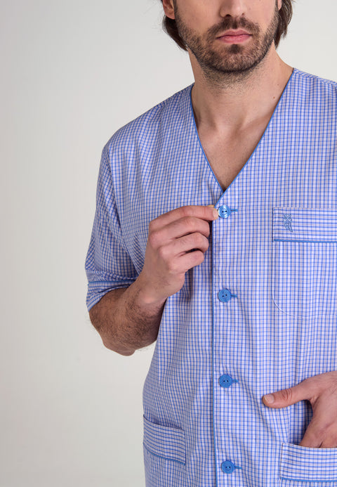 Pijama Hombre Verano Corto Judo Popelín Cuadros - Azul 4544_37 - 1541868 - https://www.elbuhonocturno.com/