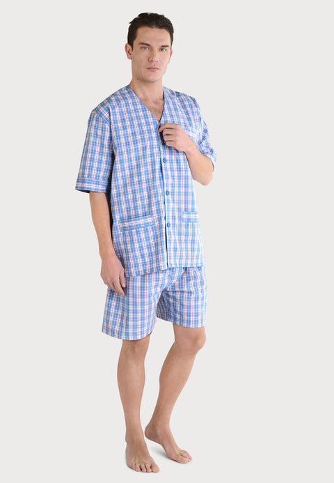 Pijama Hombre Verano Corto Judo Popelín Cuadros - Azul 4551_30 - 91352702 - https://www.elbuhonocturno.com/