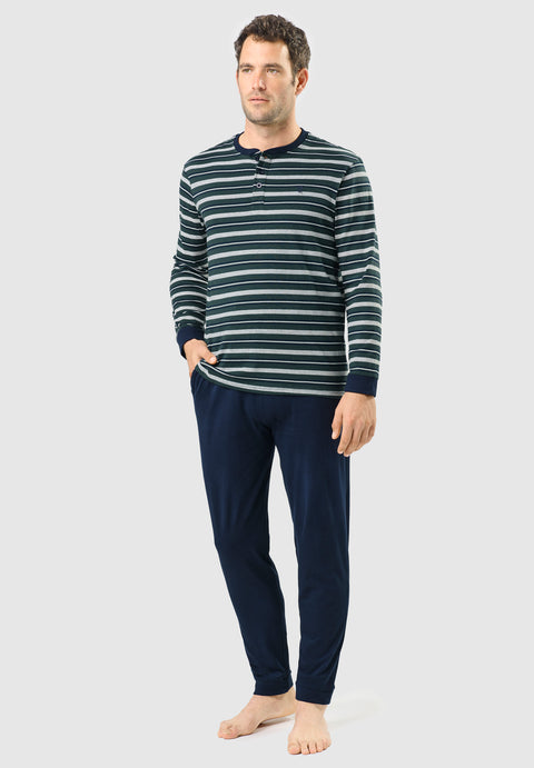 Pijama Hombre Largo Tapeta Algodón Punto Rayas - Verde 5580_40 - 21365356 - https://www.elbuhonocturno.com/