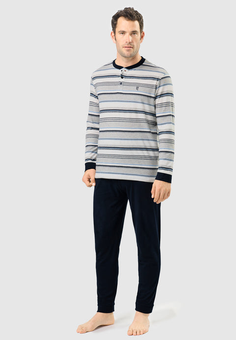 Pijama Hombre Largo Tapeta Algodón Punto Rayas - Gris 5581_20 - 35200914 - https://www.elbuhonocturno.com/