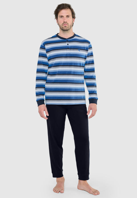 Pijama Hombre Largo Tapeta Algodón Punto Rayas - Azul 5584_36 - 8244101 - https://www.elbuhonocturno.com/