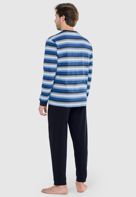 Pijama Hombre Largo Tapeta Algodón Punto Rayas - Azul 5584_36 - 17977729 - https://www.elbuhonocturno.com/