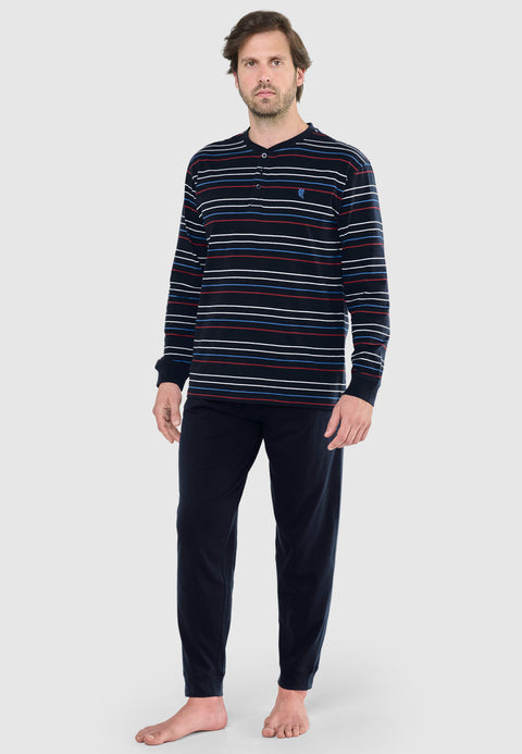 Pijama Hombre Largo Tapeta Algodón Punto Rayas - Marino 5585_39 - 11536232 - https://www.elbuhonocturno.com/