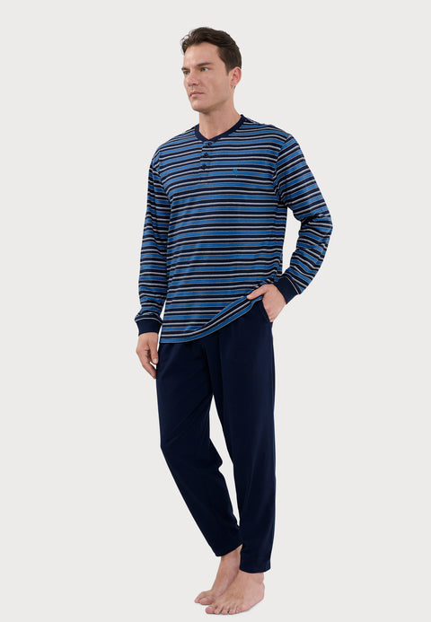 Pijama Hombre Largo Tapeta Algodón Punto Rayas - Azul 5591_39 - 62201344 - https://www.elbuhonocturno.com/