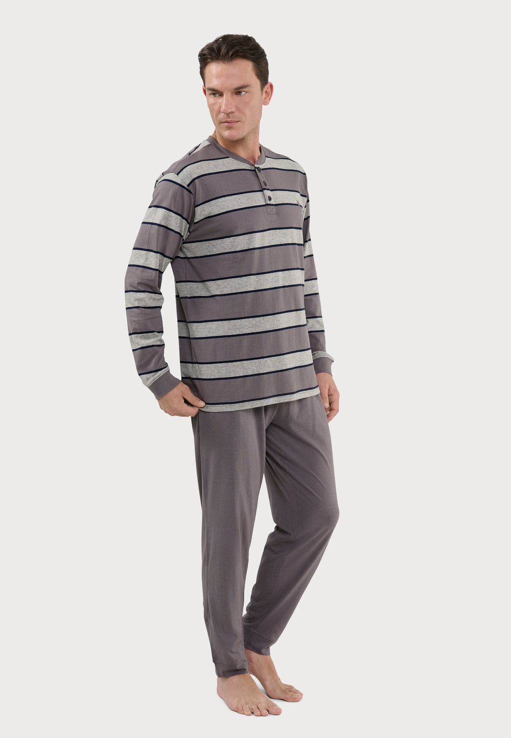 Pigiama Uomo In Spugna Normann, Maniche Lunghe Con Polsini A Righe, Grigio Scuro Taglia 54. Caldo, Comodo E Certificato OEKO-TEX. - 6