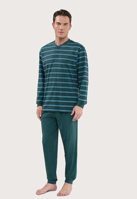 Pijama Hombre Largo Tapeta Algodón Punto Rayas - Verde 5595_40 - 28069745 - https://www.elbuhonocturno.com/