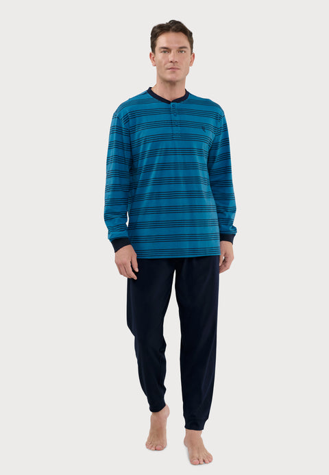 Pijama Hombre Largo Tapeta Algodón Punto Rayas - Azul 5596_35 - 61709134 - https://www.elbuhonocturno.com/