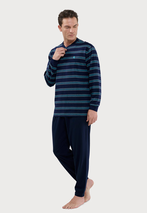 Pijama Hombre Largo Tapeta Algodón Punto Rayas - Azul 5597_39 - 97411781 - https://www.elbuhonocturno.com/