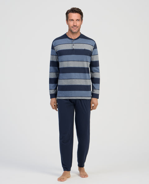 Pijama Hombre Largo Tapeta Algodón Punto Rayas - Azul 5598_39