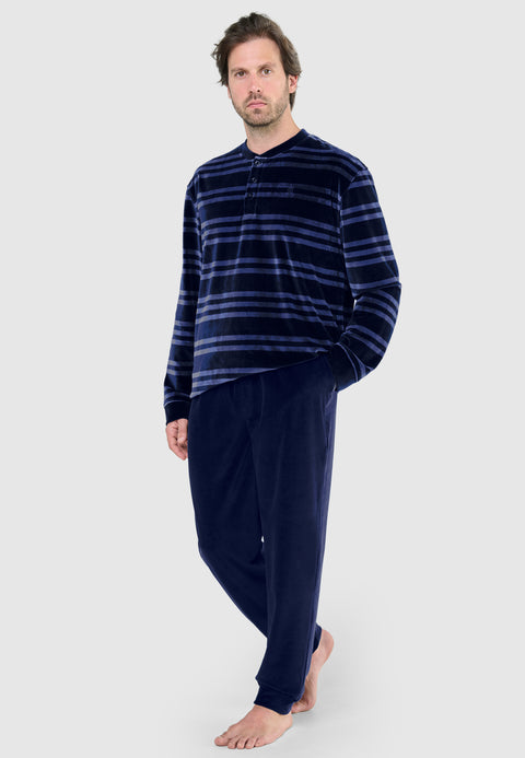 Pijama Hombre Invierno Terciopelo Rayas - Azul 5737_38 - 31096117 - https://www.elbuhonocturno.com/