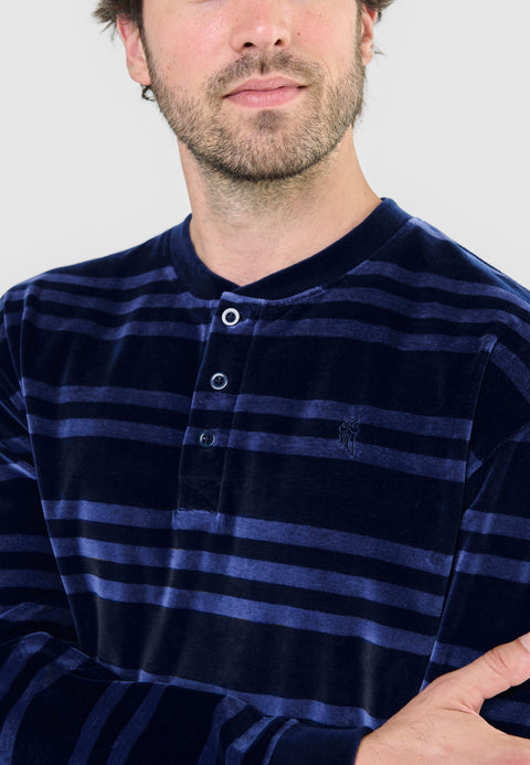 Pijama Hombre Invierno Terciopelo Rayas - Azul 5737_38 - 59196350 - https://www.elbuhonocturno.com/
