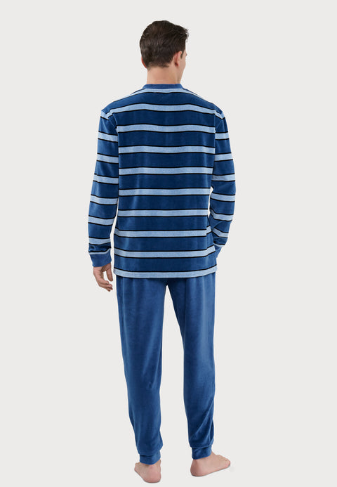 Pijama Hombre Invierno Terciopelo Rayas - Azul 5741_36
