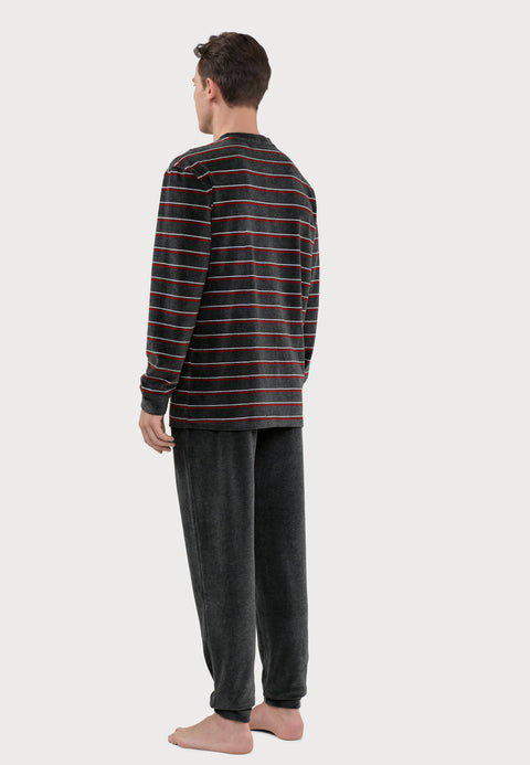 Pijama Hombre Invierno Terciopelo Rayas - Gris 5743_22