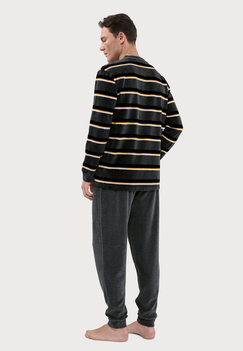 Pijama Hombre Invierno Terciopelo Rayas - Gris 5744_22