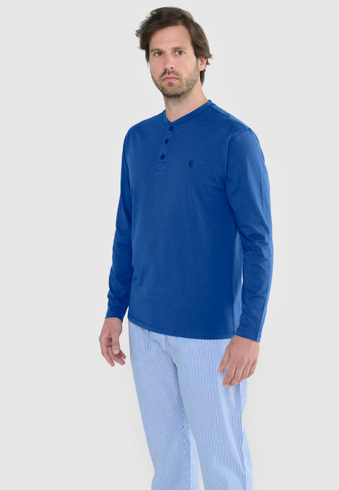Camiseta Pijama Hombre Manga Larga Tapeta Algodón Lisa - Azul 7527_33 - 68012250 - https://www.elbuhonocturno.com/