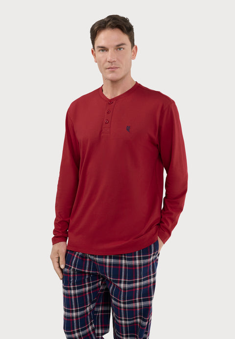 Camiseta Pijama Hombre Manga Larga Tapeta Algodón Lisa - Rojo 7531_90 - 61158127 - https://www.elbuhonocturno.com/