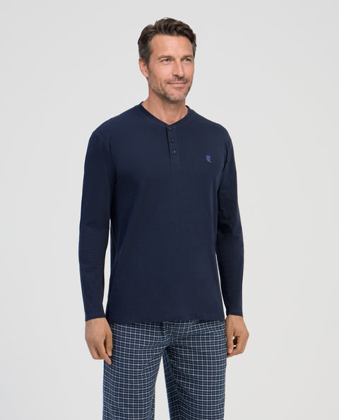 Camiseta Pijama Hombre Manga Larga Tapeta Algodón Lisa - Azul 7534_39