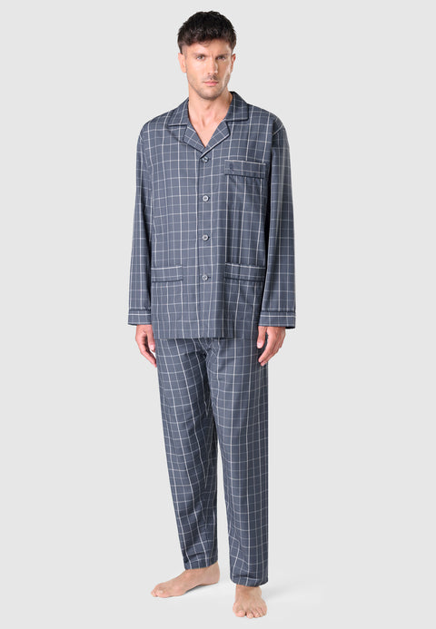 Pijama Hombre Largo Solapa Popelín Cuadros - Gris 2984_22 - 62604820 - https://www.elbuhonocturno.com/