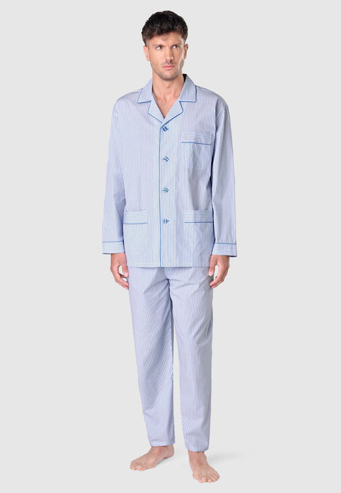 2985 - Striped Poplin Lapel Men's Pajama - Blue