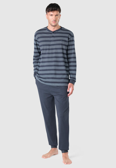 Pijama Hombre Largo Tapeta Algodón Punto Rayas - Azul 5579_38 - 83031939 - https://www.elbuhonocturno.com/