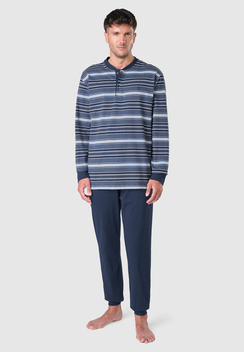 55027 - Long Winter Man Pajamas Premium Pointed Placket - Blue Melange Stripes