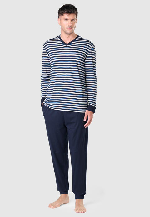Pijama Hombre Largo Pico Algodón Punto Rayas - Gris 5307_22 - 73856460 - https://www.elbuhonocturno.com/