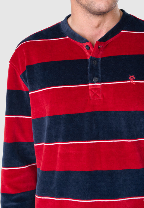 5733 - Striped Velvet Long Man Pajama - Navy Red