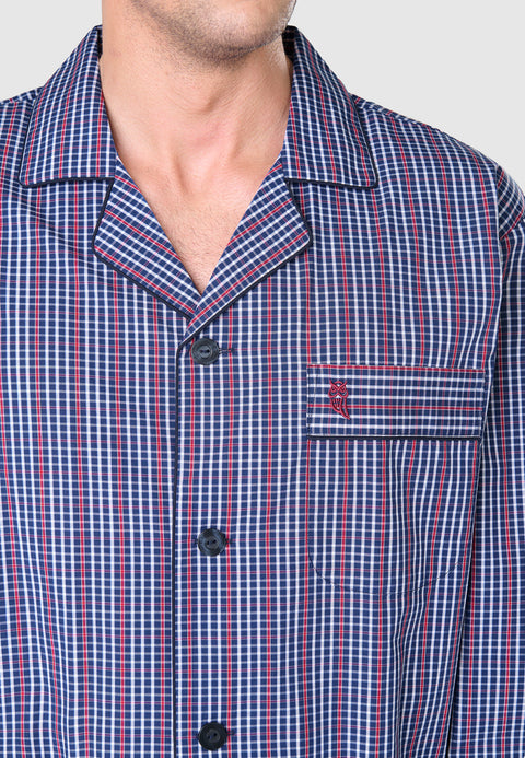 Pijama Hombre Largo Solapa Algodón Popelín Cuadros - Azul 2986_33 - 70139261 - https://www.elbuhonocturno.com/