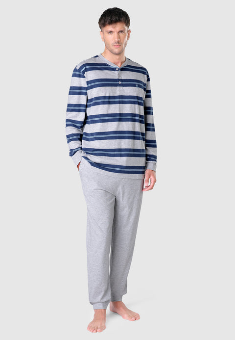 Pijama Hombre Largo Tapeta Algodón Punto Rayas - Gris 5578_20 - 3041151 - https://www.elbuhonocturno.com/