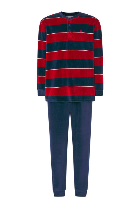 5733 - Striped Velvet Long Man Pajama - Navy Red