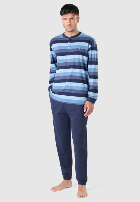 Pijama Hombre Largo Tapeta Algodón Punto Rayas - Azul 5577_33 - 37908659 - https://www.elbuhonocturno.com/