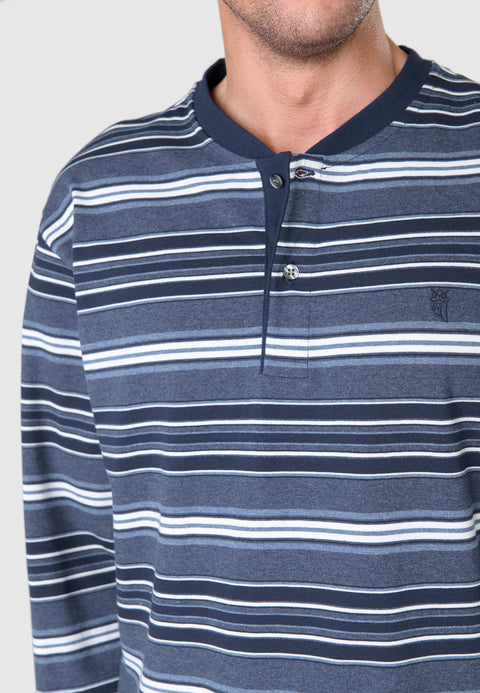 55027 - Long Winter Man Pajamas Premium Pointed Placket - Blue Melange Stripes