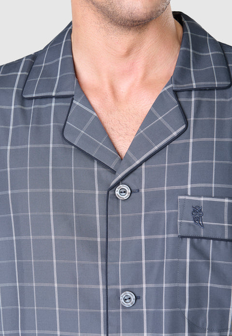 Pijama Hombre Largo Solapa Popelín Cuadros - Gris 2984_22 - 42542325 - https://www.elbuhonocturno.com/