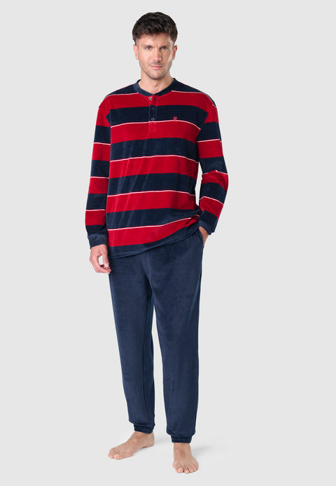 5733 - Striped Velvet Long Man Pajama - Navy Red