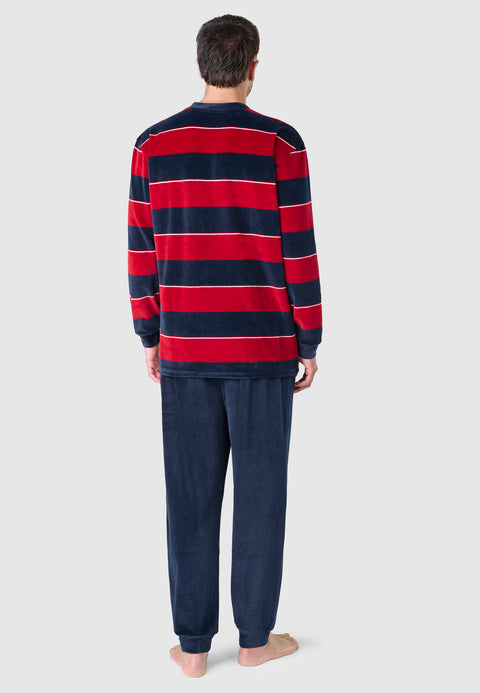 5733 - Striped Velvet Long Man Pajama - Navy Red