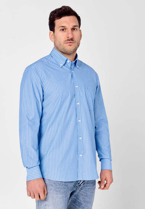Camisa Hombre Manga Larga Popelín Rayas con Bolsillo Easy Iron Extrasuave - Azul 0307_33 - 17451457 - https://www.elbuhonocturno.com/