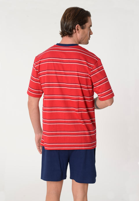 Pijama Hombre Corto Pico Punto Rayas Rojo