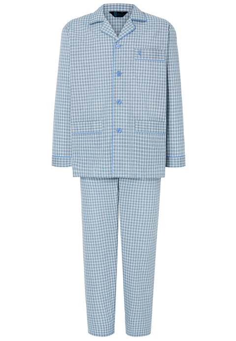 Pijama Hombre Largo Solapa Tela Popelín Cuadros Verdes