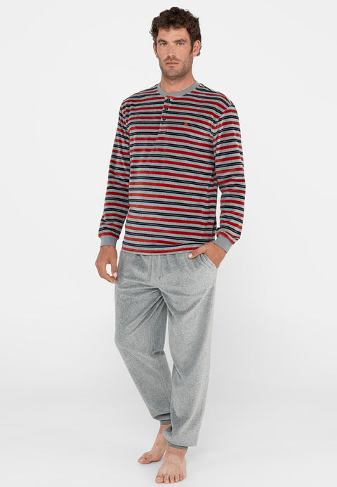 Pijama Hombre Invierno Terciopelo Rayas - Rojo 5723_90 - 98259396 - https://www.elbuhonocturno.com/