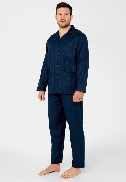 Pijama Hombre Largo Tela Solapa Satén Liso Marino