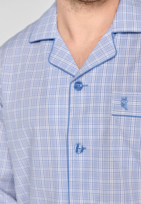 Pijama Hombre Largo Solapa Algodón Popelín Cuadros - Azul 1528_30 - 15645409 - https://www.elbuhonocturno.com/