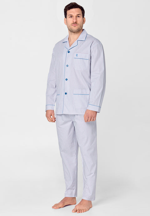 Pijama Hombre Largo Solapa Algodón Popelín Rayas - Azul 1529_30 - 11628497 - https://www.elbuhonocturno.com/