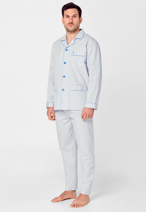 Pijama Hombre Largo Solapa Algodón Popelín Cuadros - Gris 1530_20 - 54780118 - https://www.elbuhonocturno.com/