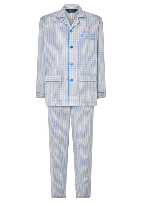 Pijama Hombre Largo Solapa Algodón Popelín Cuadros - Gris 1530_20 - 32603880 - https://www.elbuhonocturno.com/