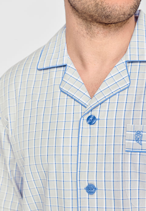Pijama Hombre Largo Solapa Algodón Popelín Cuadros - Gris 1530_20 - 53572497 - https://www.elbuhonocturno.com/