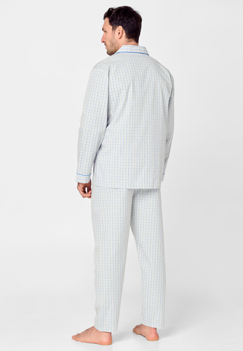 Pijama Hombre Largo Solapa Algodón Popelín Cuadros - Gris 1530_20 - 76309050 - https://www.elbuhonocturno.com/